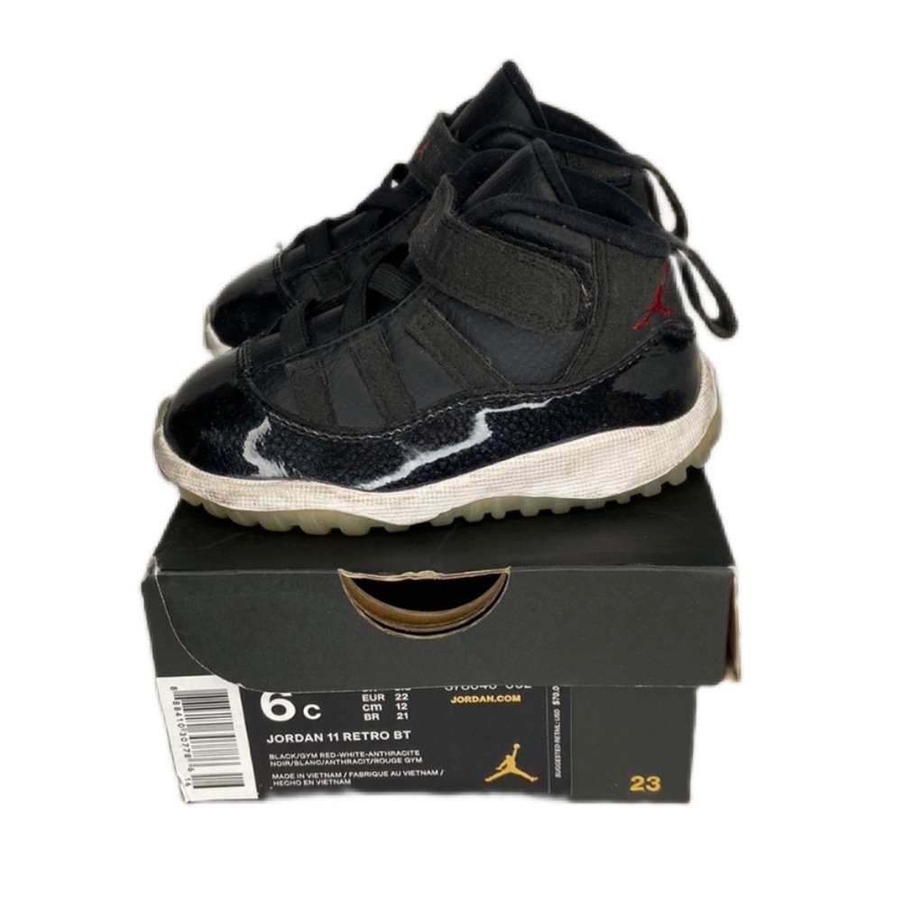 Jordan 11 Retro BT 6C Black Red Patent Leather Velcro Slip On Sneakers W/ Box